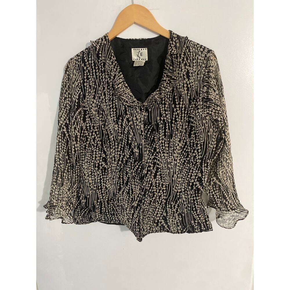 Ice vintage silk blouse women’s size L black beige ruffle beaded fairy y2k